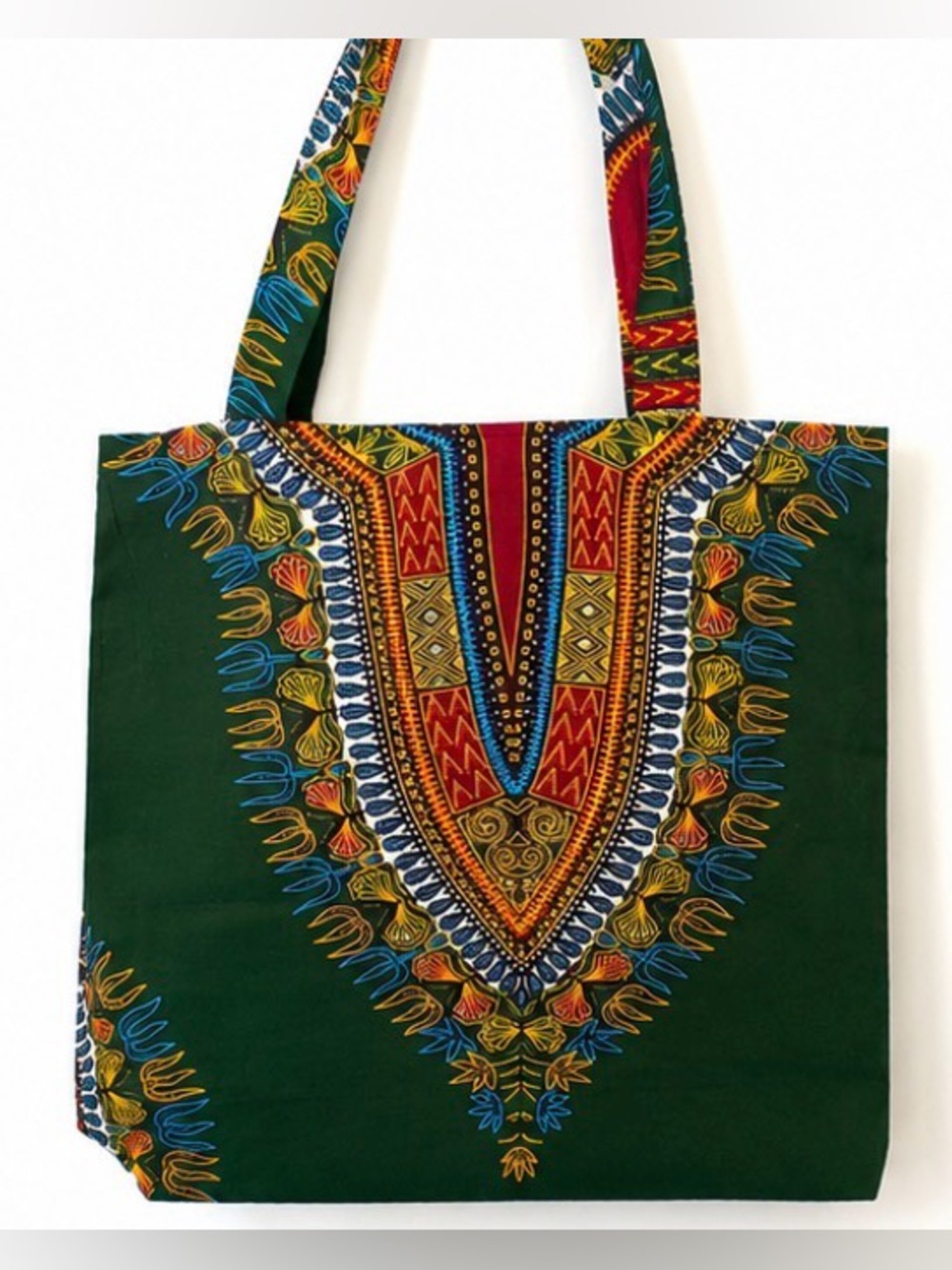 NWT African Dashiki Print Cotton Shopper Tote Bag | Dark Green | Large Bag